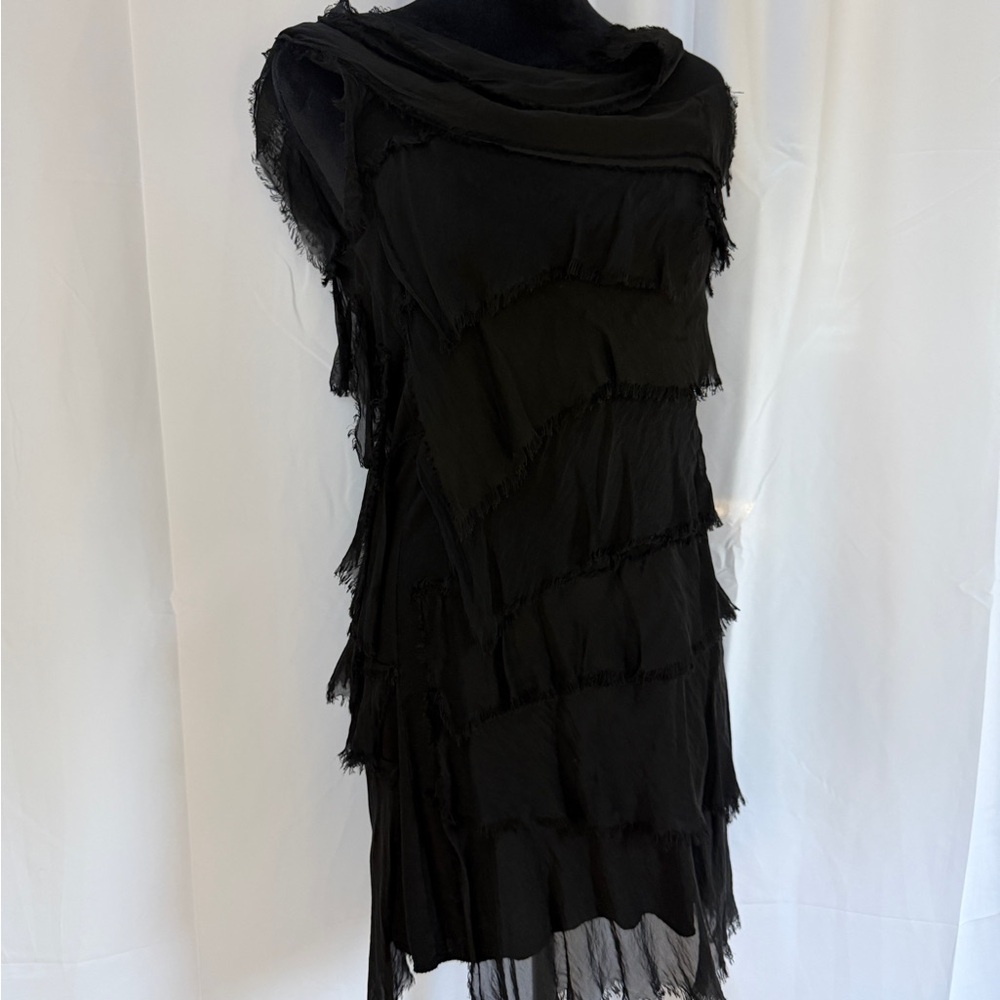 Tempo Paris Tiered Silk Raw Edge Asymmetrical Black Dress, Size M - Picture 3 of 16